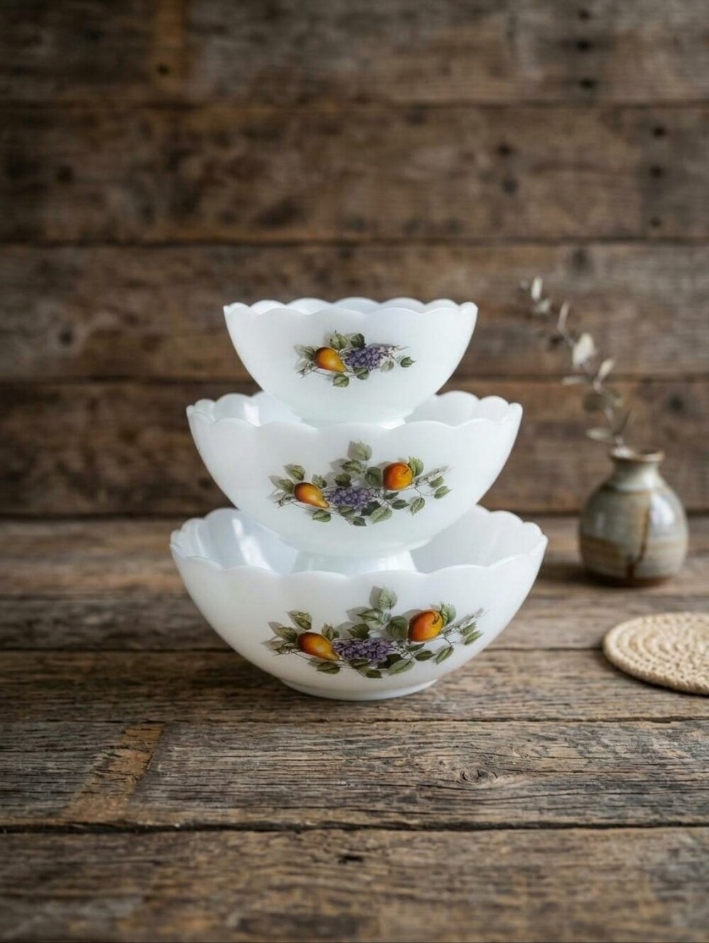 Vintage Arcopal 'Fruits De France' Bowls Complete Set Of 3 1970's Milk Glass